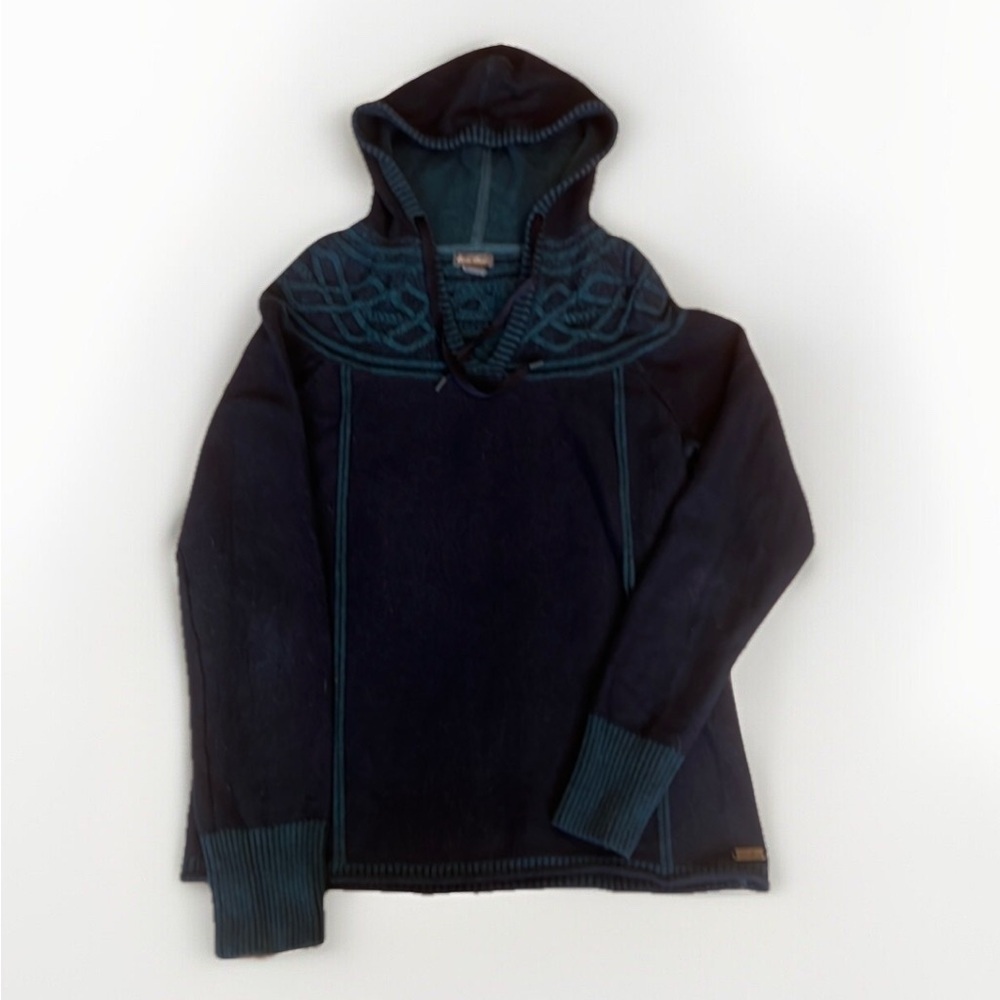 Eddie Bauer Knit Hoodie Teal Navy Cable Design sz M